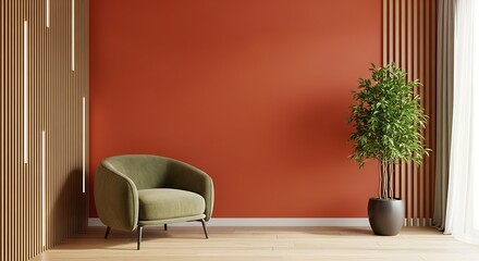 Elegant Olive Chair and Lush Green Plant Against a Warm Terracotta Wall Accented by Modern Wood Paneling Create an