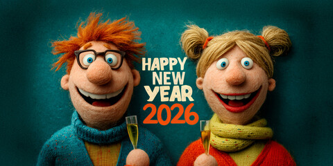 happy couple of cheerful felted figure puppets with bright hair are joyfully raising champagne glasses to celebrate the arrival of New Year 2026. Abstract funny seasonal greeting card concept.