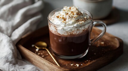 Rich chocolate drink topped with whipped cream served on a wooden tray in a cozy setting during winter
