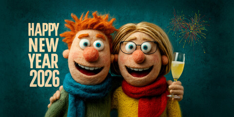 happy couple of cheerful felted figure puppets with bright hair are joyfully raising champagne glasses to celebrate the arrival of New Year 2026. Abstract funny seasonal greeting card concept.