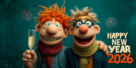 happy gay couple of cheerful felted figure puppets with bright hair are joyfully raising champagne glasses to celebrate the arrival of New Year 2026. Abstract funny seasonal greeting card concept.