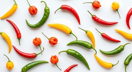 Naklejka premium Vibrant array of colorful chili peppers in red, green, orange and yellow, a spicy food pattern creating a hot culinary background for creative food designs