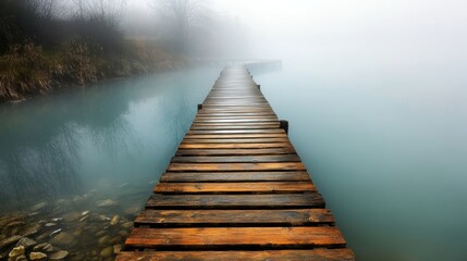 Fototapeta premium Serene Dusk Over Tranquil Lake, Misty Pier Inviting Reflection on Nature s Calm and Beauty