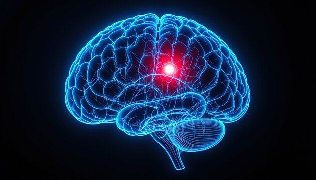 Striking brain scan with vibrant blue lines and concentrated red glow for medical awareness campaigns