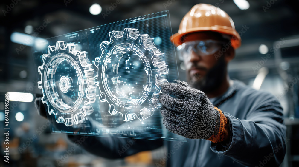 Poster industrial worker analyzing high-tech interface with gears in modern manufacturing environment