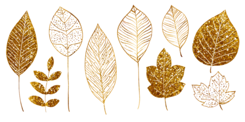 Decorative set of hand-drawn golden glitter autumn leaves