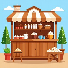 Winter market food stall with hot drinks and treats, decorated with Christmas trees.