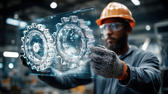 Industrial Worker Analyzing High-Tech Interface with Gears in Modern Manufacturing Environment