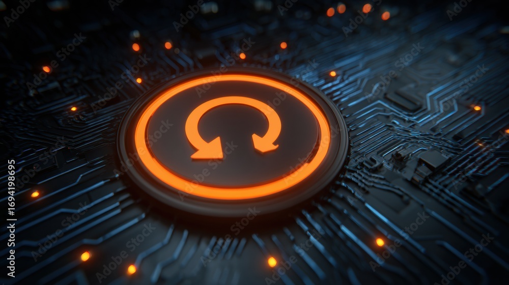 Poster modern circuit board with glowing reset symbol and intricate design highlighting technology developm