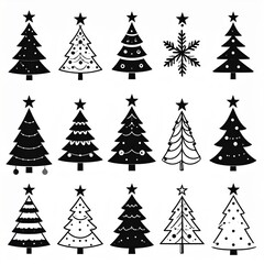 Obraz premium Fifteen Christmas tree illustrations in black and white, featuring various designs and decorations, including stars, ornaments, and a snowflake.