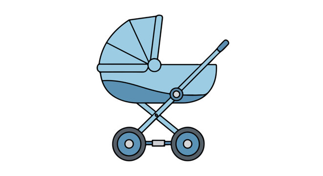 Illustration of a light blue baby stroller on a white background portraying infant care and transportation with a touch of cartoonish simplicity