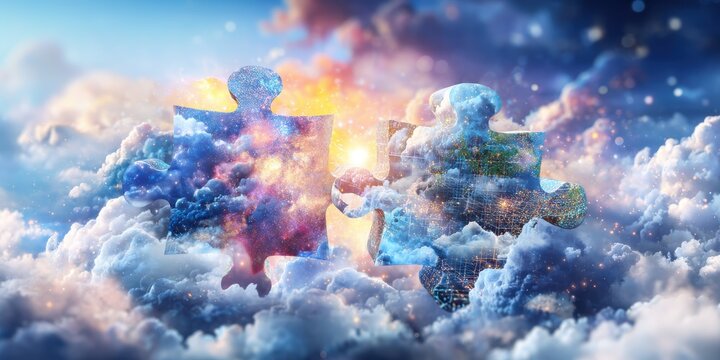 Two colorful puzzle pieces float in a dreamy sky filled with clouds, symbolizing connection and creativity amidst a cosmic backdrop. - Powered by Adobe