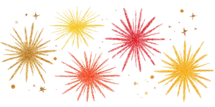 Set of sparkling hand-drawn glitter starbursts and stars on black