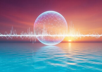 Abstract sphere with sound wave on water surface surreal sunset sky digital art peaceful serenity high quality professional