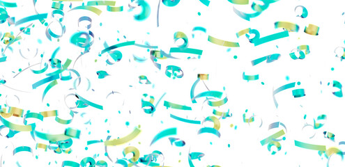 Festive teal and gold confetti falling on white. Perfect for party invitations, banners, and celebrations.