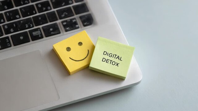 Yellow sticky note with a smiley face and a light green sticky note with the text digital detox written on it rest on a closed silver laptop on a light blue surface