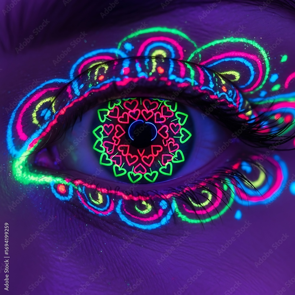 Aufkleber a close-up view of a vibrant eye adorned with intricate neon designs, featuring a heart-shaped patte