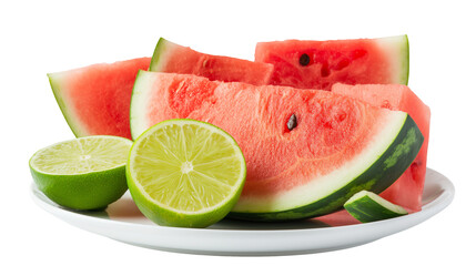 A plate of sliced watermelon with seeds and a halved lime on a white circular plate close up view