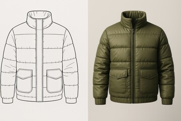 Detailed Puffer Jacket Illustration and Olive Green Real-Life Example Displayed Side by Side
