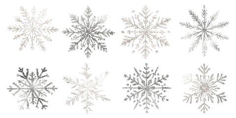 Eight distinct hand-drawn silver glitter snowflake designs for winter themes.