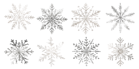 Eight distinct hand-drawn silver glitter snowflake designs for winter themes.