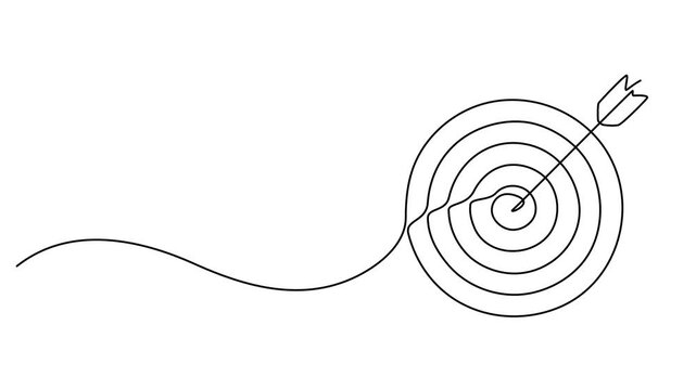 Animation video Continuous one line drawing of arrow in center of target. Strategic marketing or business concept, Arrow hitting target center, Single line drawing animation, Goal achievement minimal.