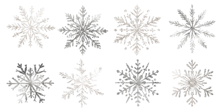 Eight distinct hand-drawn silver glitter snowflake designs for winter themes.