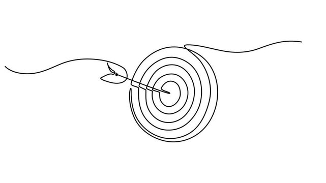 Animation video Continuous one line drawing of arrow in center of target. Strategic marketing or business concept, Arrow hitting target center, Single line drawing animation, Goal achievement minimal.