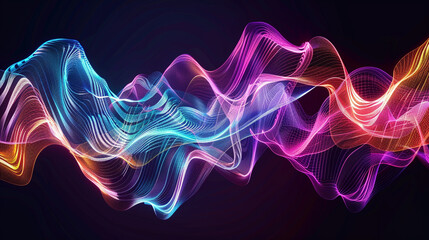 A mesmerizing digital artwork featuring vibrant neon waves of blue, pink, and purple light flowing across a dark background, symbolizing energy, motion, creativity, and the futuristic harmony of techn