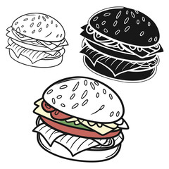 Cartoon collection of delicious fast food icons, including a cheeseburger with beef, lettuce, and tomato, isolated on a white background