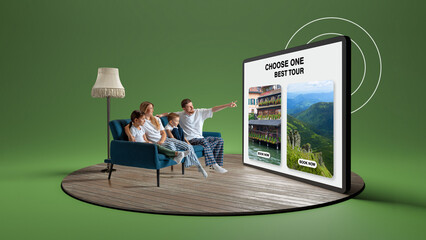 Family choosing best tour package on giant booking screen with travel options. Concept of vacation...