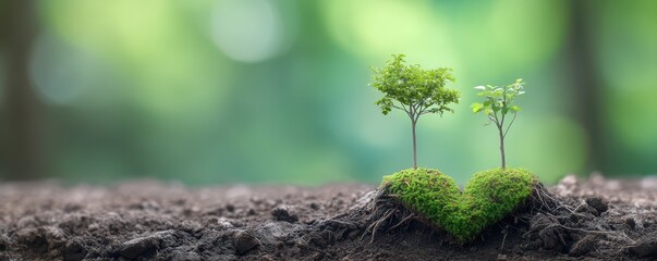 Two small trees grow from soil shaped like a heart, symbolizing love for nature and the environment, with a blurred green background.