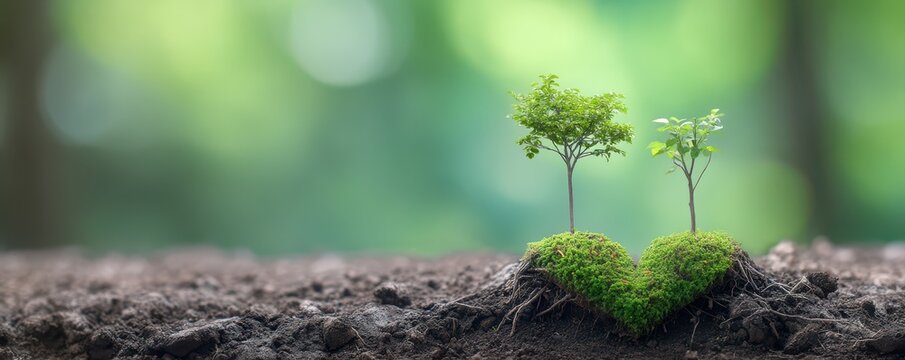 Two small trees grow from soil shaped like a heart, symbolizing love for nature and the environment, with a blurred green background.