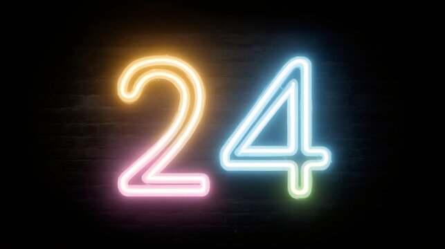 Colorful neon number sign '24' on dark background. Glowing digits for nightlife, bar, or club decoration. Vibrant illuminated symbols for 24-hour service concept.