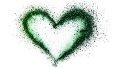 Green star trail in the shape of a heart. Shimmering dust flying and leaving behind isolated on a transparent background