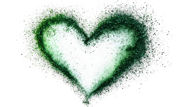 Green star trail in the shape of a heart. Shimmering dust flying and leaving behind isolated on a transparent background