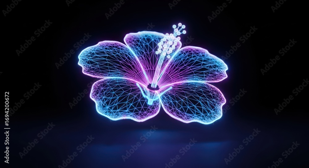 Poster neon illuminated hibiscus bloom on black background an abstract digital rendering
