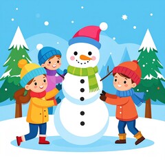 Children in winter clothes build a snowman in a snowy landscape.