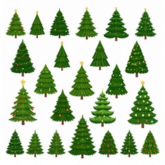 Obraz premium Collection of various decorated and plain Christmas trees on a white background.