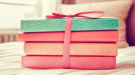 Charming pastel books tied with a ribbon offer a cozy and visually appealing image