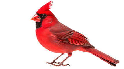 A vibrant red cardinal perched against a stark black backdrop displaying its distinct features clearly