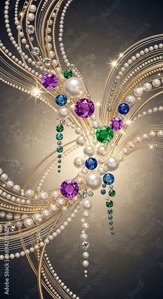 Aufkleber a luxurious design featuring gold-toned, elegant strands of pearls, adorned with colorful gems and d