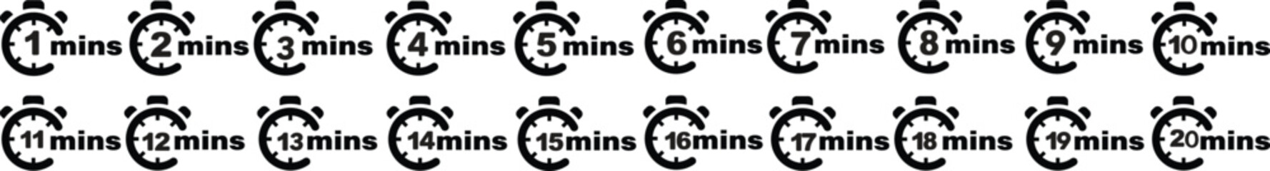 Vector icon set of timers and clocks isolated on a white background. Stopwatch, fast time, and countdown symbols. Chronometer and time management graphic elements for design.