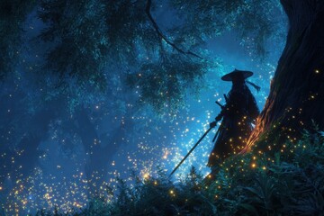 Swordsman Leaning on Tree with Glowing Fireflies