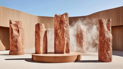 Mystical Stone Garden: A serene landscape featuring monolithic rock sculptures and ethereal mist