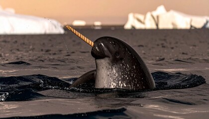 Close-up of a Narwhal's Tusk Emerging from Dark Ocean Water Amidst Icebergs