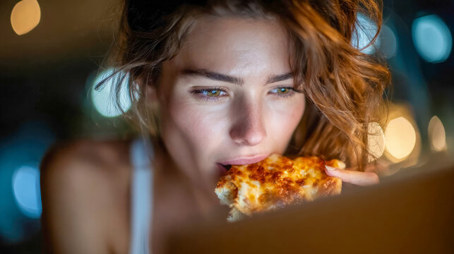 Young woman enjoying a slice of pizza while browsing at home in the evening