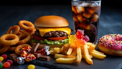 Indulgent fast food feast a mouthwatering burger onion rings french fries sweet donut and refreshing cola drink