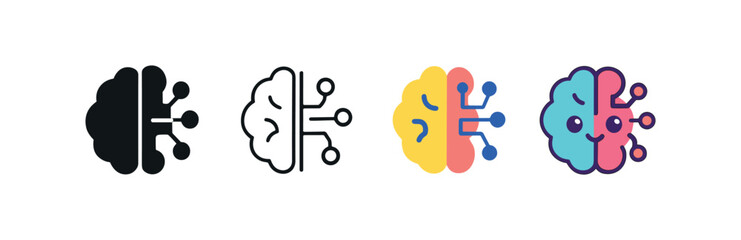 Vector icon AI brain circuit same pose same proportions four styles black solid glyph outline minimal flat multicolor filled cartoon flat shaded.
