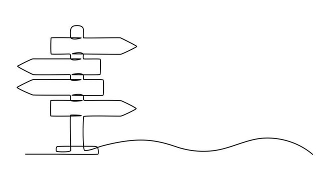 Animation of a single line drawing of a road sign. Continuous contour movement of a road sign. Continuous video with one line, road direction sign arrows isolated on white background. Full length one.